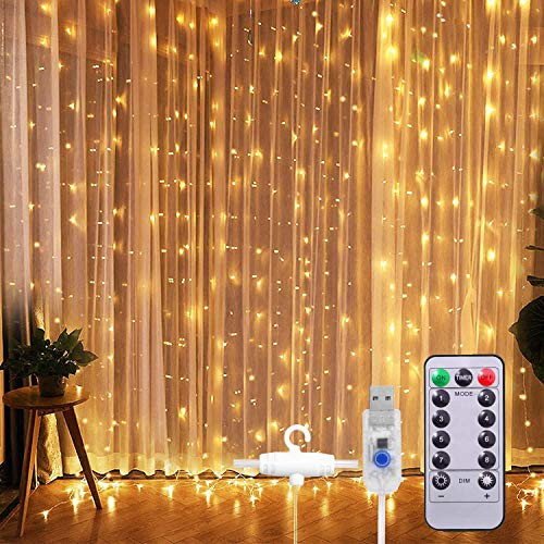 Waterproof 300 LED Curtain String Lights, 8 Modes USB Plug in Fairy String Light with Remote Control,Backdrop for Indoor Outdoor Bedroom Window Wedding Party Decoration (3.2ft9.8ft, Warm White)