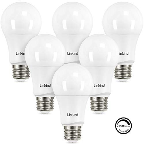 Linkind Dimmable A19 LED Light Bulbs, 100W Equivalent, E26 Base, 5000K Daylight, 15.5W 1600 Lumens 120V, UL Listed FCC Certified, Energy Star, Pack of 6