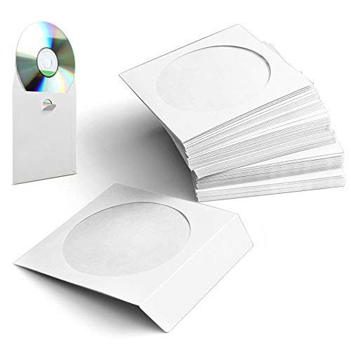 100 Pack CD DVD Paper Sleeves, Standard Disk Holder, CD DVD Envelope Cases, Premium Storage Box Book with Clear Window and Close Tab(White)