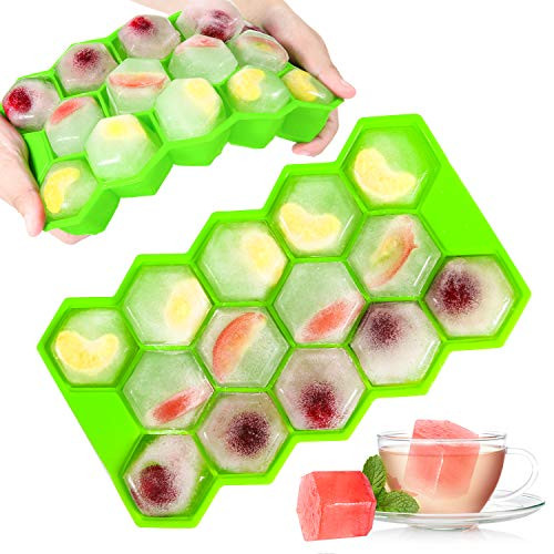 Ice Cube Trays with Lids,2-Pack 28 Ice Cubes Food Grade Silica Gel Flexible and BPA Free with Spill-Resistant Removable Lid Ice Cube Molds for Chilled Drinks, Whiskey & Cocktails (Big&Green)