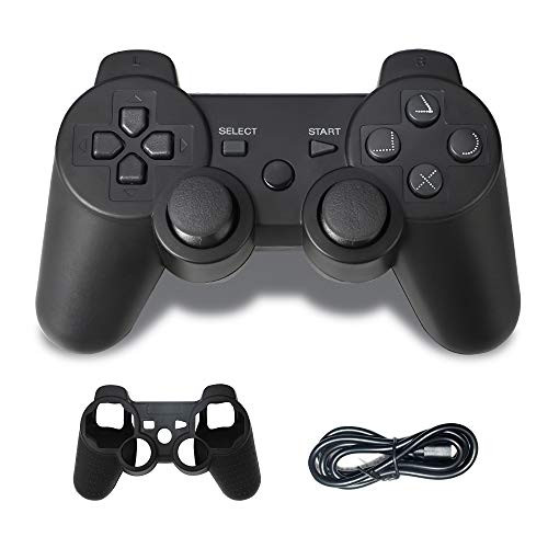 PS3 Controller Wireless, PS3 Joystick, PS3 Remote, Wireless PS3 Controller Double Shock Gamepad Compatible for Playstation 3, Coming with Skin Cover,Thumb Grips and Mini USB Cable(Black)