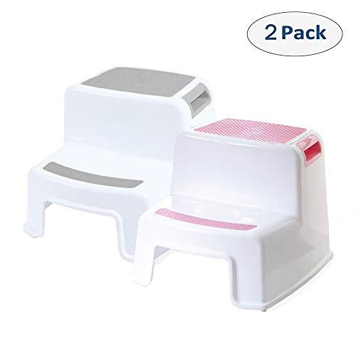 SINCOS 2 Step Step Stools for Kids - Toddler Step Stools for Toilet Potty Training, Bathroom and Kitchen - Slip Resistant Soft Grip for Safety, Stackable (2 Pack, Grey+Pink)