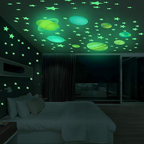 AUDEYA Glow in The Dark Stars Wall Stickers, Wall Decals-Realistic Stars and Full Moon Shining Decoration, Glowing Ceiling Decals Stickers for Kids, Girls, Boys