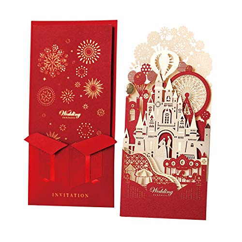 WISHMADE 20pcs Laser Cut Wedding Invitations Cards with Envelope, Fairy Tales 3D Red Bride and Groom in Castle Design for Engagement Bridal Shower Anniversary Wedding Invites (20 Pieces)