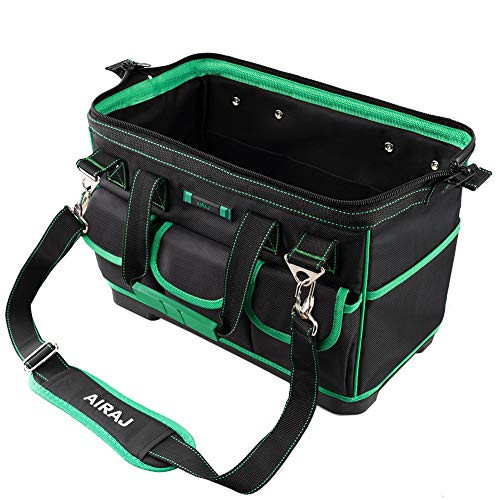 AIRAJ 18-inch Wide Mouth Tool Bag with Water Proof Molded Base, Large Capacity Storage Tool Tote Bag,Heavy Duty Tool Organizer with Adjustable Shoulder Strap, Black/Green