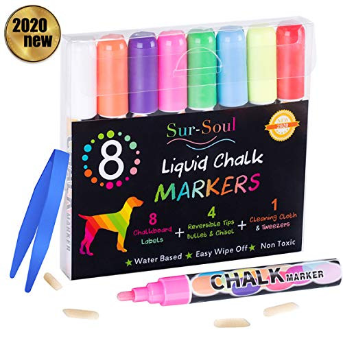 Liquid Chalk Markers, Window Marker for Cars, Chalk Pens with 6mm Reversible Tip (8 Pack), Non-Toxic Safe Chalkboard Markers for Kids, School Supplies, Chalkboard Labels, Erasable Neon Pens