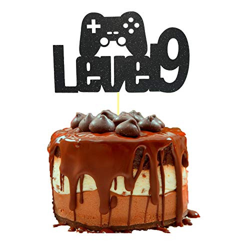 Video Game Level Up 9th Birthday Cake Topper, Glittery Happy 9th Birthday Video Gaming Cake Toppers for 9 Year Old Boy and Kids Video Game Themed Birthday Decorations