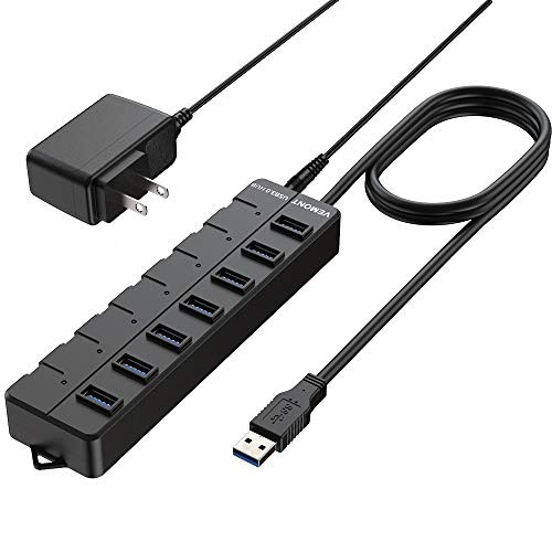 USB Hub 3.0 Powered, VEMONT Aluminum USB hub 7 Port 3.0 Data Hub Splitter with 5V/2A Power Adapter and with Individual On/Off Switches/Power LED / 4ft/1.2m Long Cable