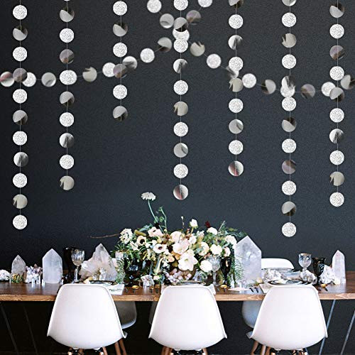 Hanging Silver Circle Dots Polk Garland Glitter Birthday Party Paper Streamer Decoration Bunting Banner Engagement Backdrop for Wedding Baby Shower Halloween Party Supplies