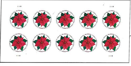 Global Poinsettia 1 Sheet of 10 International First Class Forever US Postage Stamps Mail Holiday Celebration Flower (10 stamps)