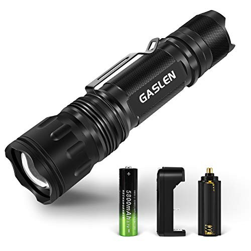Gaslen Rechargeable LED Tactical Flashlight - High Lumen Portable Water Resistant Torch Light, Zoomable, Best Camping, Outdoor, Emergency, Everyday Flashlights with 18650 Battery and Charger Included