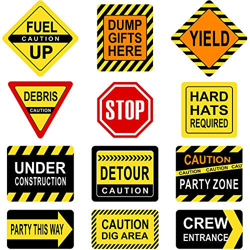 Construction Themed Party Decorations, 10 - 11.8 Inch Laminated Caution Traffic Signs, Construction Theme Party Signs, Paper Cutouts with 40 Glue Point Dots (12 Pieces Construction Signs)