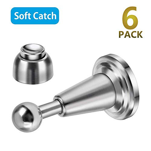 Door Stopper, 6 Pack Magnetic Door Stop, Soft-Catch Magnetic Door Catch, Door Hold Open, Stainless Steel, Brushed Satin Nickel Chrome, Hold Your Door Open Softly, Wall Mount, 6 Pack for Wide Doors