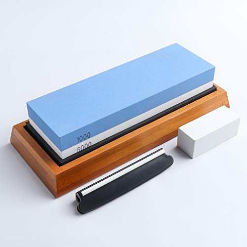 Whetstone Knife Sharpening Stone 2 Side 1000/6000 Grit Whetstone Sharpener Includes NonSlip Bamboo Base, Angle Guide, Polishing Tool for Kitchen, Hunting and Pocket Knives or Blades