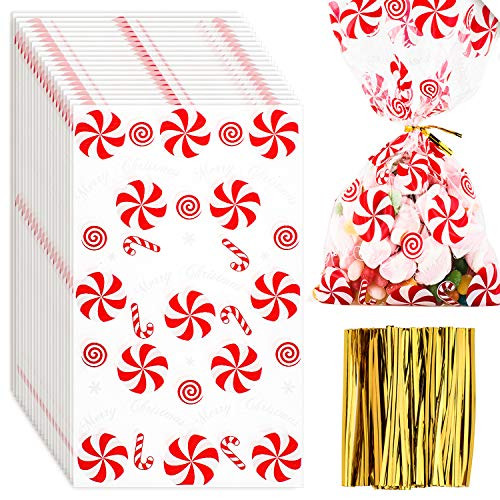 Whaline 100 Pcs Christmas Cellophane Bags with 100 Gold Twist Ties, Xmas Clear Candy Cookie Treat Bags for Christmas Party Supplies (Christmas Candy) Whaline 100 Pcs Christmas Cellophane Bags with 100 Gold Twist Ties, Xmas Clear Candy Cookie Treat Bags for Christmas Party Supplies (Christmas Candy)