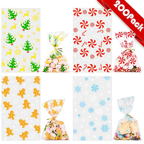 Whaline 200 Pcs Christmas Cellophane Bags with 200 Gold Twist Ties, Xmas Clear Candy Cookie Treat Bags with Christmas Tree Snowflake Gingerbread Man Candy Patterns for Christmas Party Supplies Whaline 200 Pcs Christmas Cellophane Bags with 200 Gold Twist Ties, Xmas Clear Candy Cookie Treat Bags with Christmas Tree Snowflake Gingerbread Man Candy Patterns for Christmas Party Supplies