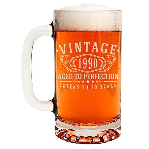 Vintage 1990 Etched 16oz Glass Beer Mug - 30th Birthday Aged to Perfection - 30 years old gifts