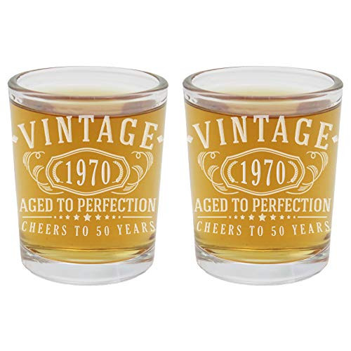 2pk Vintage 1970 Etched 2.5oz Shot Glasses - 50th Birthday Aged to Perfection - 50 years old gifts