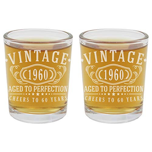 2pk Vintage 1960 Etched 2.5oz Shot Glasses - 60th Birthday Aged to Perfection - 60 years old gifts