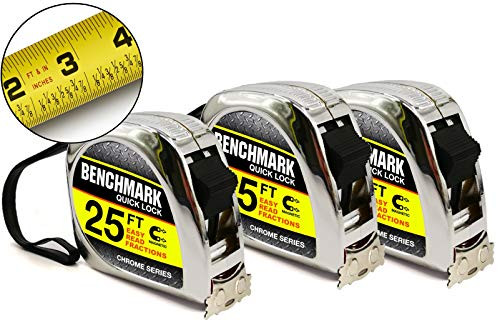 3 Pack - 25 FT Tape Measures With EASY TO READ FRACTIONS and LARGE MAGNETIC CLAW TIP