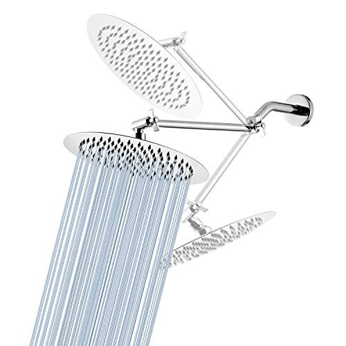GGStudy 12 Inches Round Rain Shower Head with 11 Inches Adjustable Extension Arm,Large Stainless Steel High Pressure Shower Head Ultra Thin Rainfall Bath Shower with Silicone Nozzle Easy to Clean