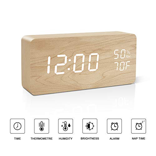 BlaCOG Alarm Clock Digital Desk Wooden Alarm Clock Upgraded with Time Temperature, Adjustable Brightness, 3 Set of Alarm and Voice Control - Bamboo