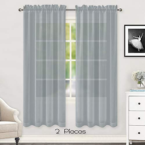 HUTO 2 Pieces Sheer Window Curtains Panels for Bedroom Grey Rod Pocket Window Sheer Curtains Drapes 52 by 72 Inches Long for Living Room