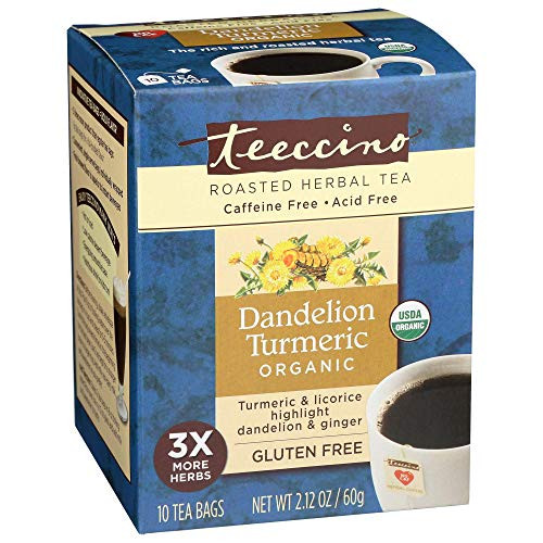 Teeccino Dandelion Tea - Organic Turmeric - Roasted Herbal Tea, Organic Dandelion Root, Prebiotic, Caffeine Free, Gluten Free, Acid Free, 10 Tea Bags