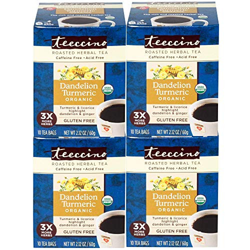 Teeccino Dandelion Tea - Organic Turmeric  Roasted Herbal Tea, Organic Dandelion Root, Prebiotic, Caffeine Free, Gluten Free, Acid Free, 10 Tea Bags (Pack of 4)