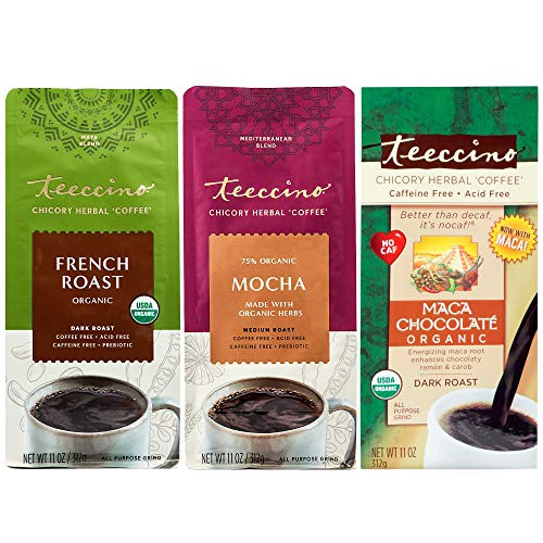 Teeccino Herbal Coffee Variety Pack  Mocha, French Roast, Maca Chocolaté  Chicory Coffee Alternative | Ground Coffee Substitute | Prebiotic | Caffeine Free | Acid Free | 11 ounce (Pack of 3)