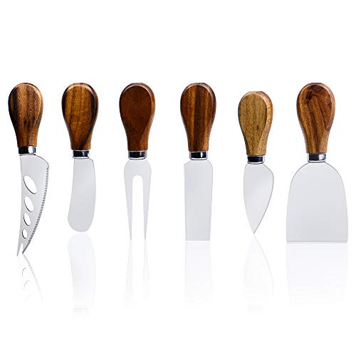 ONIPU Cheese Knives with Wood Handle Stainless Steel Cheese Slicer Cheese Cutter Cheese Fork, 6-Piece Cheese Spreading Knife Sets for Charcuterie Boards, Cutlery Gift Set (6-wood handle cheese knives)