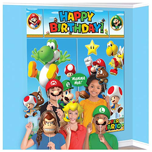 Super Mario Happy Birthday Giant Scene Setters Wall Decorating Kit Party Backdrop, 5 Pieces, Made from Vinyl, Multicolor, 59" x 65" by Amscan