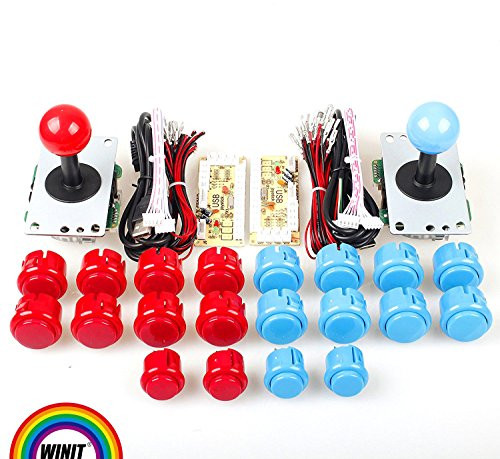 WINIT 2 Player Arcade Game DIY Parts USB PC Joystick for Mame Game DIY (2pcs Zero Delay USB Encoder/2pcs 5pin 8 Way Joystick /20pcs Push Button) Color Red + Blue Kits Support All Windows System