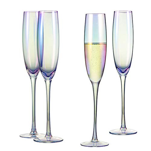 Classic Champagne Flute Glasses 6 oz. Set of 4 Iridescent - Crystal Glass Long Stemmed Glassware Sparkling Wine Glasses - For Wine Tasting, Birthday, Christmas, Anniversary or Wedding Gifts
