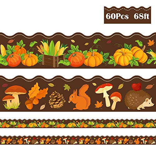 Whaline 60 Pcs Bulletin Border Sticker Autumn Wave Board Borders Self-Adhesive Blackboard Border Fall Border Trim Pumpkins Maple Leaves Squirrels Pinecones for School Classroom Chalkboard Walls Decor