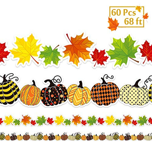 Whaline 60 Pcs Bulletin Border Sticker Autumn Self-Adhesive Pumpkins Borders Maple Leaves Blackboard Border Sticker Fall Border Trim for Classroom Chalkboard Blackboard School Walls Decor