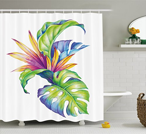 Ambesonne Plant Shower Curtain, Tropical Leaves and Monstera with Abstract Color Scheme Hawaiian Floral Elements, Fabric Bathroom Decor Set with Hooks, 70 Inches, Multicolor