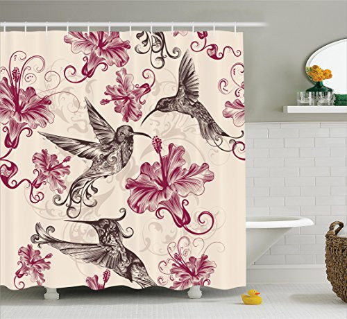 Ambesonne Hummingbirds Decorations Collection, Pattern with Birds and Flowers Swirl Flourish Festive antique Old Style Pattern, Polyester Fabric Bathroom Shower Curtain Set with Hooks, Maroon Ambesonne Hummingbirds Decorations Collection, Pattern with Birds and Flowers Swirl Flourish Festive antique Old Style Pattern, Polyester Fabric Bathroom Shower Curtain Set with Hooks, Maroon