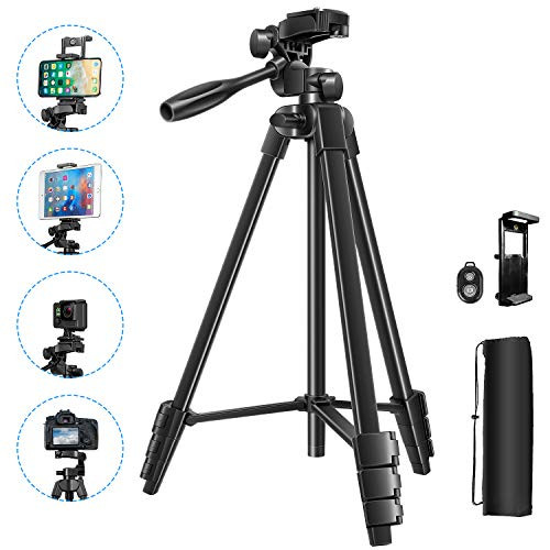 53-Inch Phone Tripod,Lightweight and Stability Tripod for iPhone,Android Phone,Gopro,DSLR Cameras,Mirrorless Cameras,with Bluetooth Remote Control,Phone Tripod Mount,Carrying Bag.