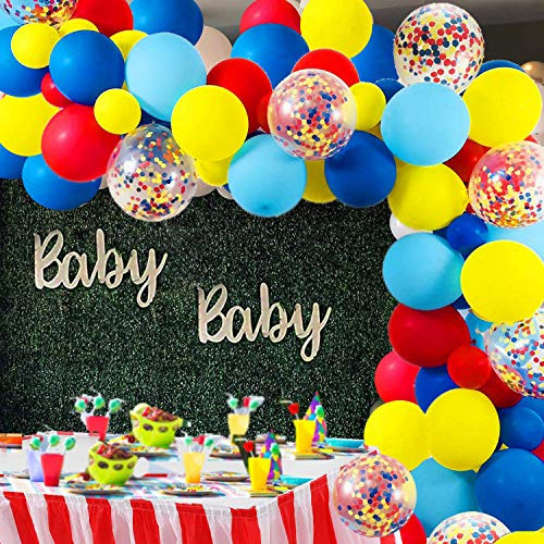 Carnival Circus Balloon Arch and Garland Kit - 105 Pack Red Blue Yellow Latex Balloons and Rainbow Multicolor Pre-Filled Confetti Balloon for Carnival Baby Shower Wedding Birthday Graduation Anniversary Bachelorette Party Background Decorations