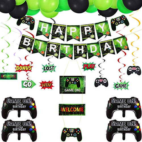 76 Pieces Video Game Party Supplies Happy Birthday Gaming Banner Welcome Hanging Sign 64 Pieces Game Controller Balloons Multicolor Balloons 10 Pieces Game Themed Hanging Swirls for Party Favors