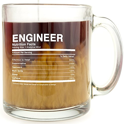 Engineer Nutrition Facts - Glass Coffee Mug - Makes a Great Gift for Engineers Under $15!