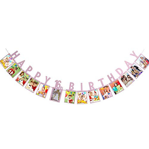 Happy 16th Birthday Photo Party Banner, Pink Sign Garlands for Boy's/Girl's 16th Birthday Party Bunting Supplies Decorations, Sweet 16 / Sixteen Party Photo Props