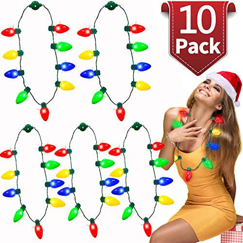 10 Pack Christmas Light Necklace Bulb, Holiday Xmas Party Favors Flashing Light Funny Necklace for Kids Girls Boys Adults Ugly Xmas Gifts Christmas Decorations Colorful String Lights Batteries Included