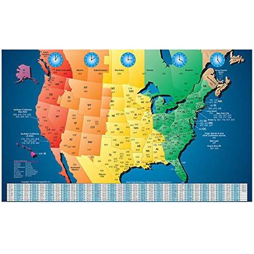 North America Laminated Gloss Full Color Time Zone Area Code Map incudes Reverse Lookup Desk Size Large 11 x 17