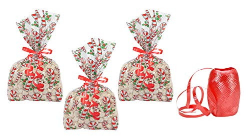 Christmas Goodie Bags - 24 Cellophane Treat Bags With Ribbon Ties - Candy Cane Print