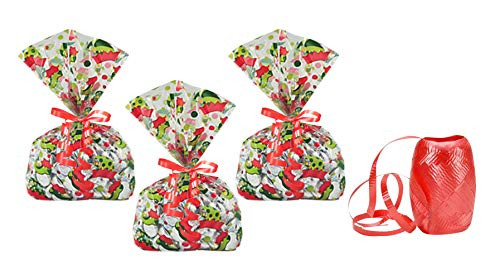 Christmas Goodie Bags - 24 Cellophane Treat Bags with Ribbon Ties - Elf Print