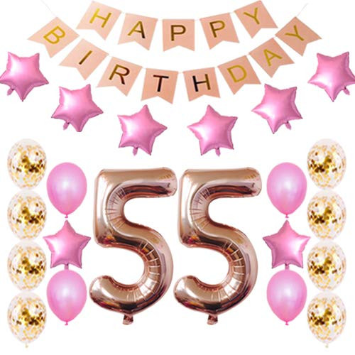 55th Birthday Decorations Party Supplies Happy 55th Birthday Confetti Balloons Banner and 55 Number Sets for 55 Years Old Party-Rose Gold