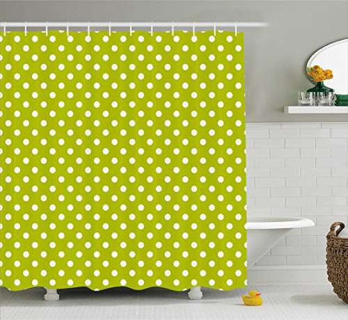 Ambesonne Retro Shower Curtain, Vintage Old Fashioned 60s 70s Inspired Polka Dots Pop Art Style Art Print, Fabric Bathroom Decor Set with Hooks, 75 Inches Long, Lime Green and White