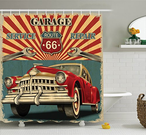 Ambesonne Americana Decor Collection, Vintage Garage Repair Shop Advertising Automobile Rustic Vehicle and Nostalgic Retro Art, Polyester Fabric Bathroom Shower Curtain Set, 75 Inches Long, Red Grey
